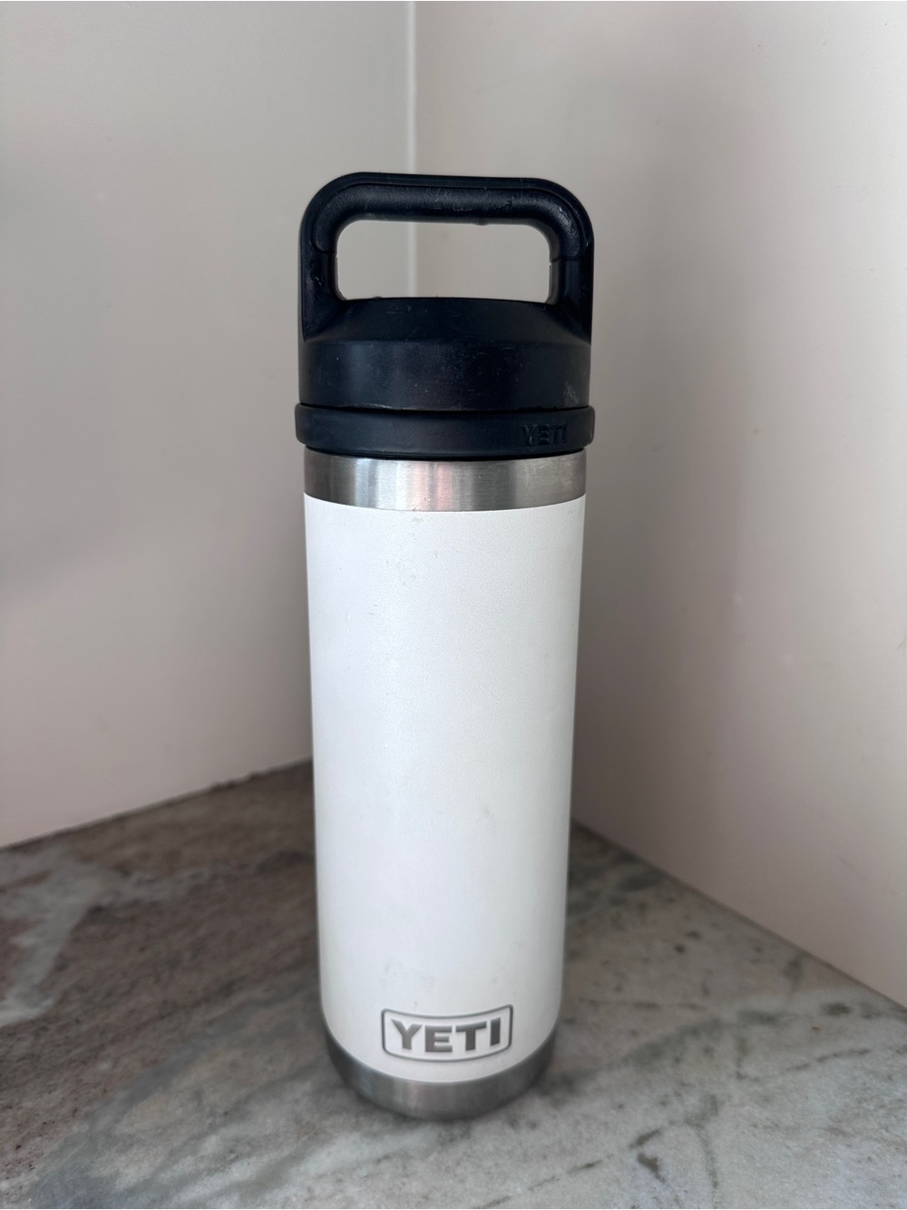 YETI Rambler®️ 18 Oz. ‘WHITE 2’ Water Bottle with Chug Cap White Black